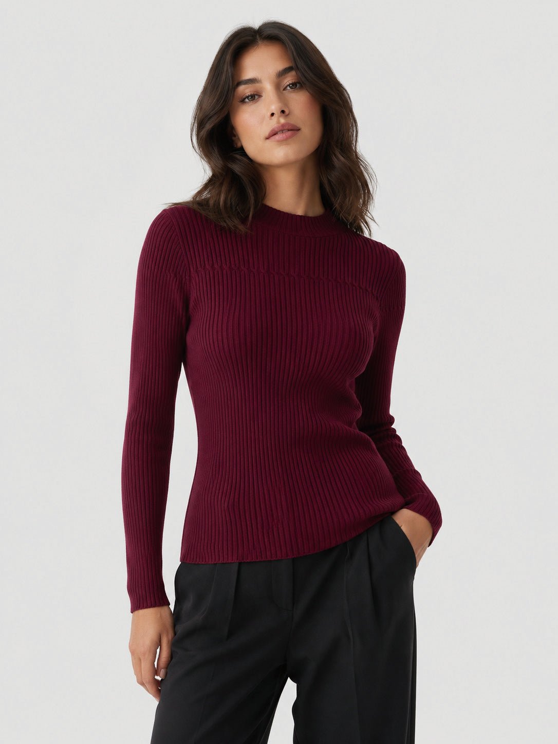 YUCOLEN Women's Mock Neck Ribbed Slim Fit Sweater Soft Wool Blend Pullover in Retro red