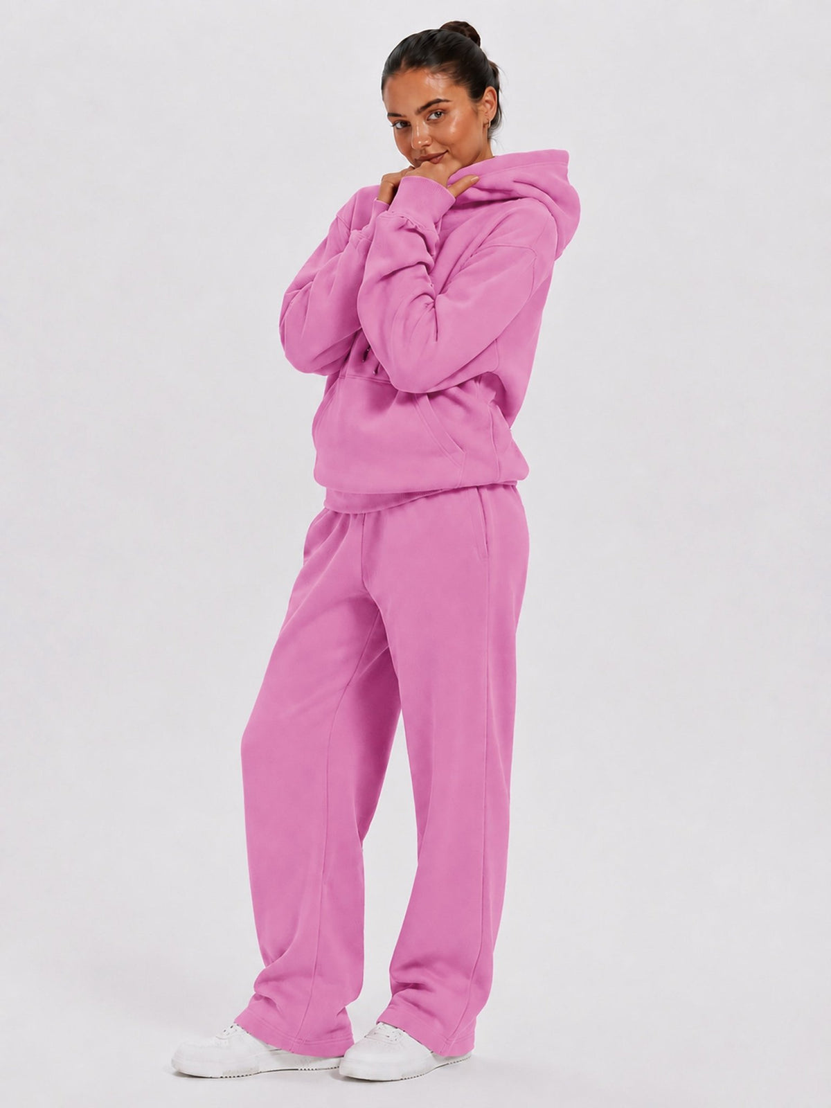 YUCOLEN Unisex Oversized Cotton Fleece Hoodie with Kangaroo Pocket in Rose Pink