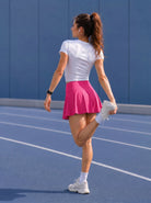 YUCOLEN Women High Waisted Pleated Tennis Skort - Pickleball Golf Skirt with Pockets in Rose Red