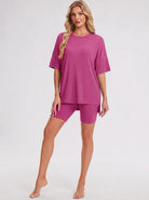 YUCOLEN Women's 2 Piece Oversized Lounge Set Matching Shorts and Tee Summer Casual Travel Athleisure Outfit in Rose Red