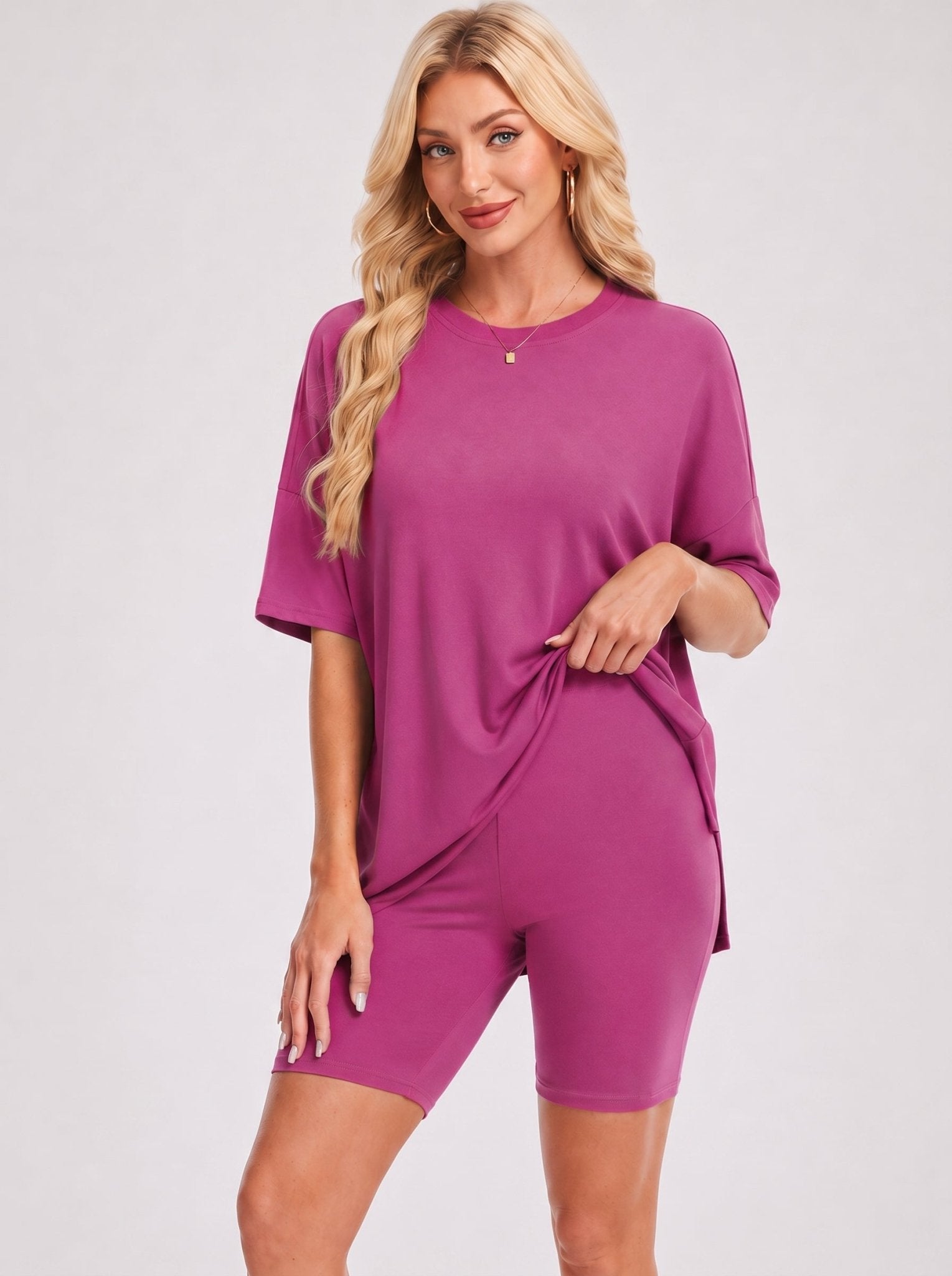 YUCOLEN Women's 2 Piece Oversized Lounge Set Matching Shorts and Tee Summer Casual Travel Athleisure Outfit in Rose Red