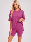 YUCOLEN Women's 2 Piece Oversized Lounge Set Matching Shorts and Tee Summer Casual Travel Athleisure Outfit in Rose Red