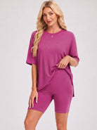 YUCOLEN Women's 2 Piece Oversized Lounge Set Matching Shorts and Tee Summer Casual Travel Athleisure Outfit in Rose Red