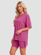 YUCOLEN Women's 2 Piece Oversized Lounge Set Matching Shorts and Tee Summer Casual Travel Athleisure Outfit in Rose Red