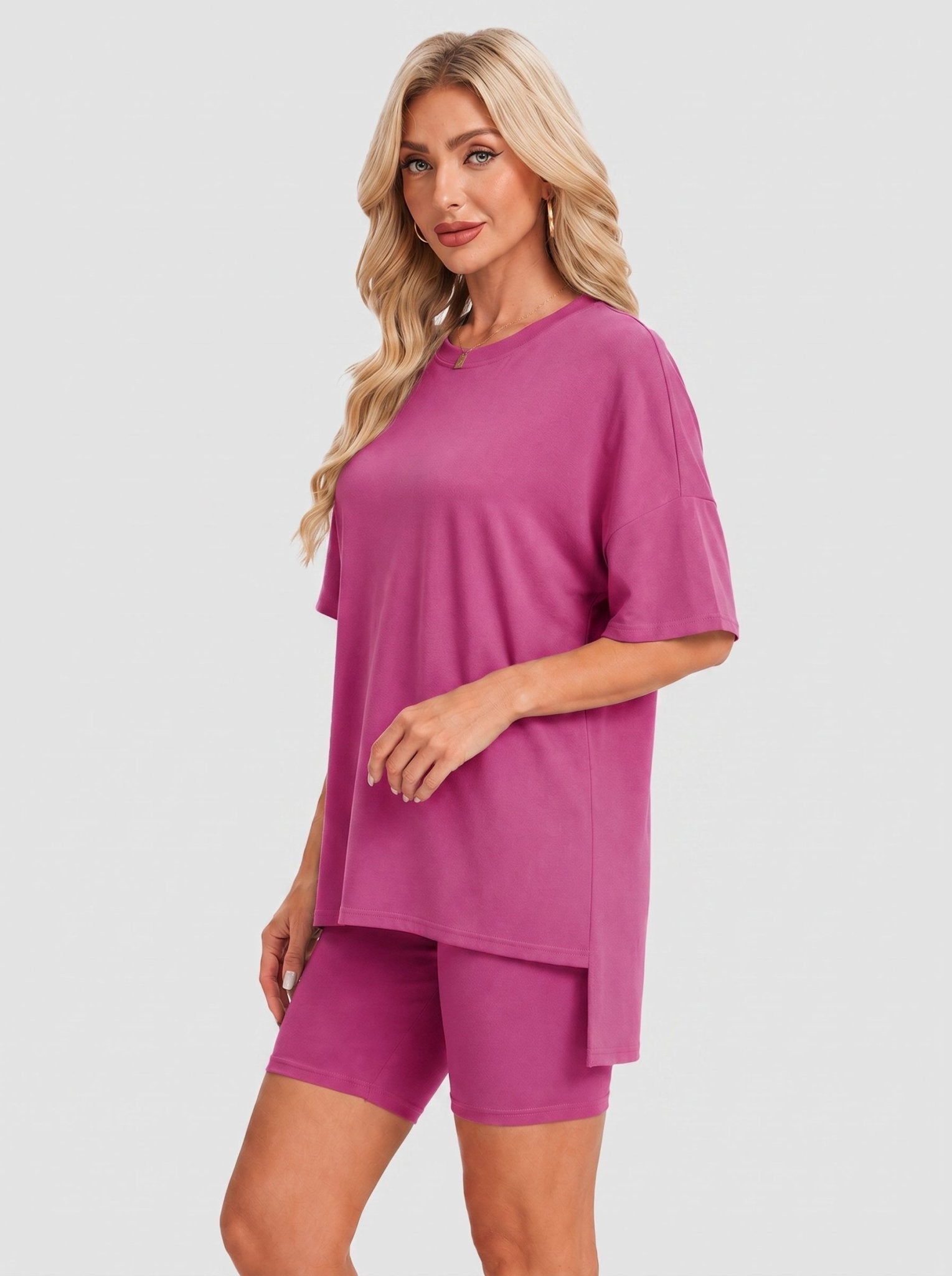 YUCOLEN Women's 2 Piece Oversized Lounge Set Matching Shorts and Tee Summer Casual Travel Athleisure Outfit in Rose Red