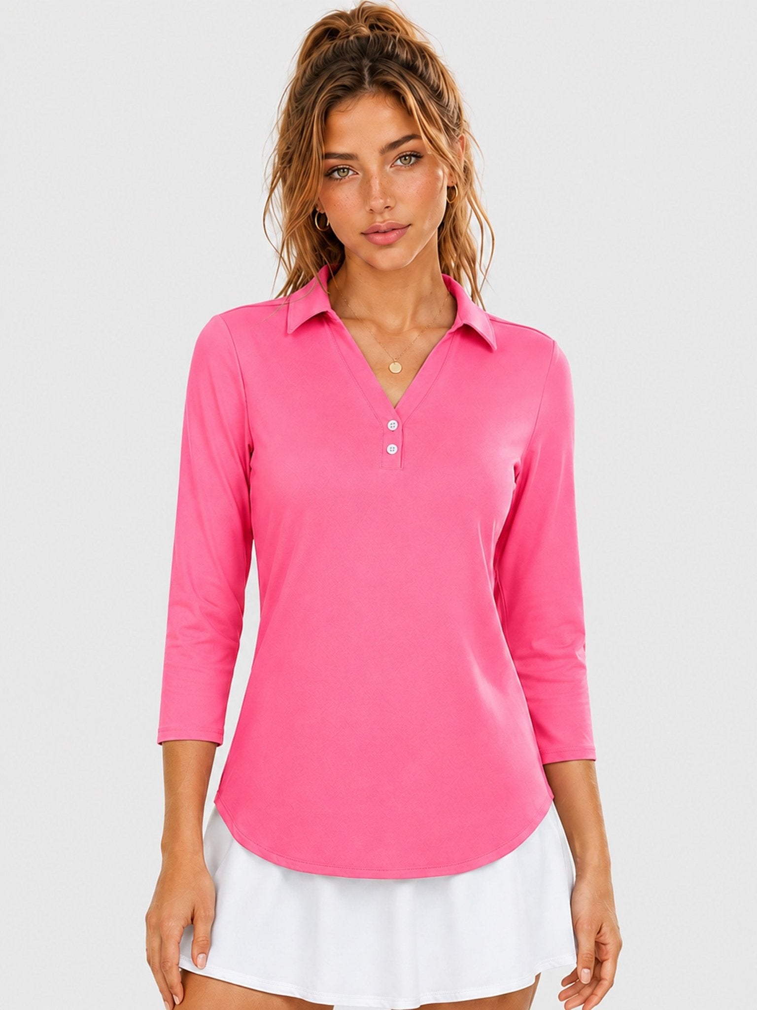 YUCOLEN Women's 3/4 Sleeve Polo Shirt UPF 50+ Sun Protection V Neck Golf Top in Rose Red