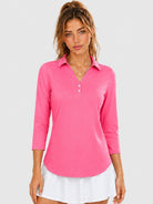 YUCOLEN Women's 3/4 Sleeve Polo Shirt UPF 50+ Sun Protection V Neck Golf Top in Rose Red