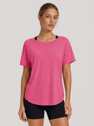 YUCOLEN Women's Reversible Workout Tee Open Back Loose Fit Athletic Shirt in Rose Red