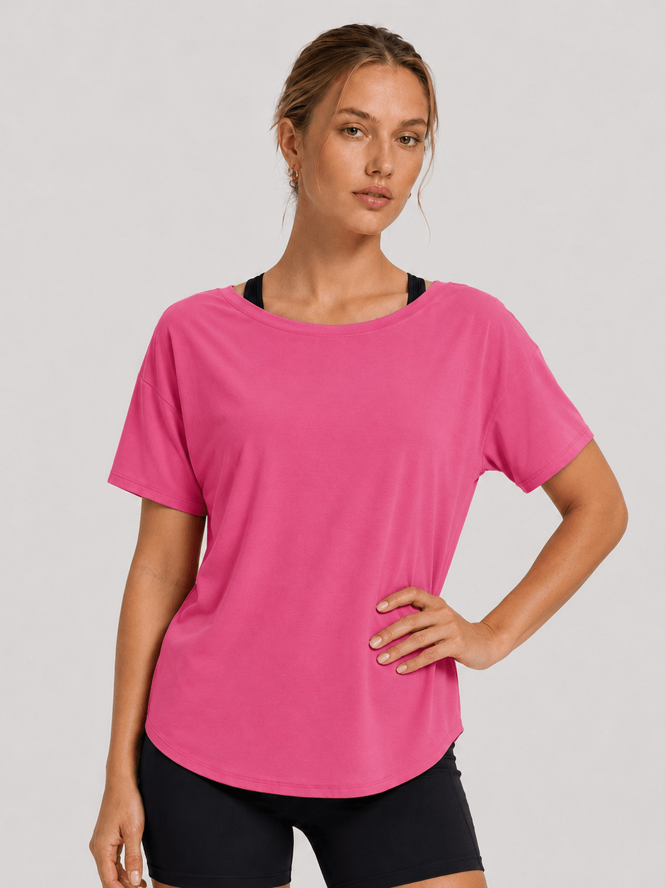 YUCOLEN Women's Reversible Workout Tee Open Back Loose Fit Athletic Shirt in Rose Red