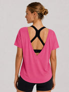 YUCOLEN Women's Reversible Workout Tee Open Back Loose Fit Athletic Shirt in Rose Red