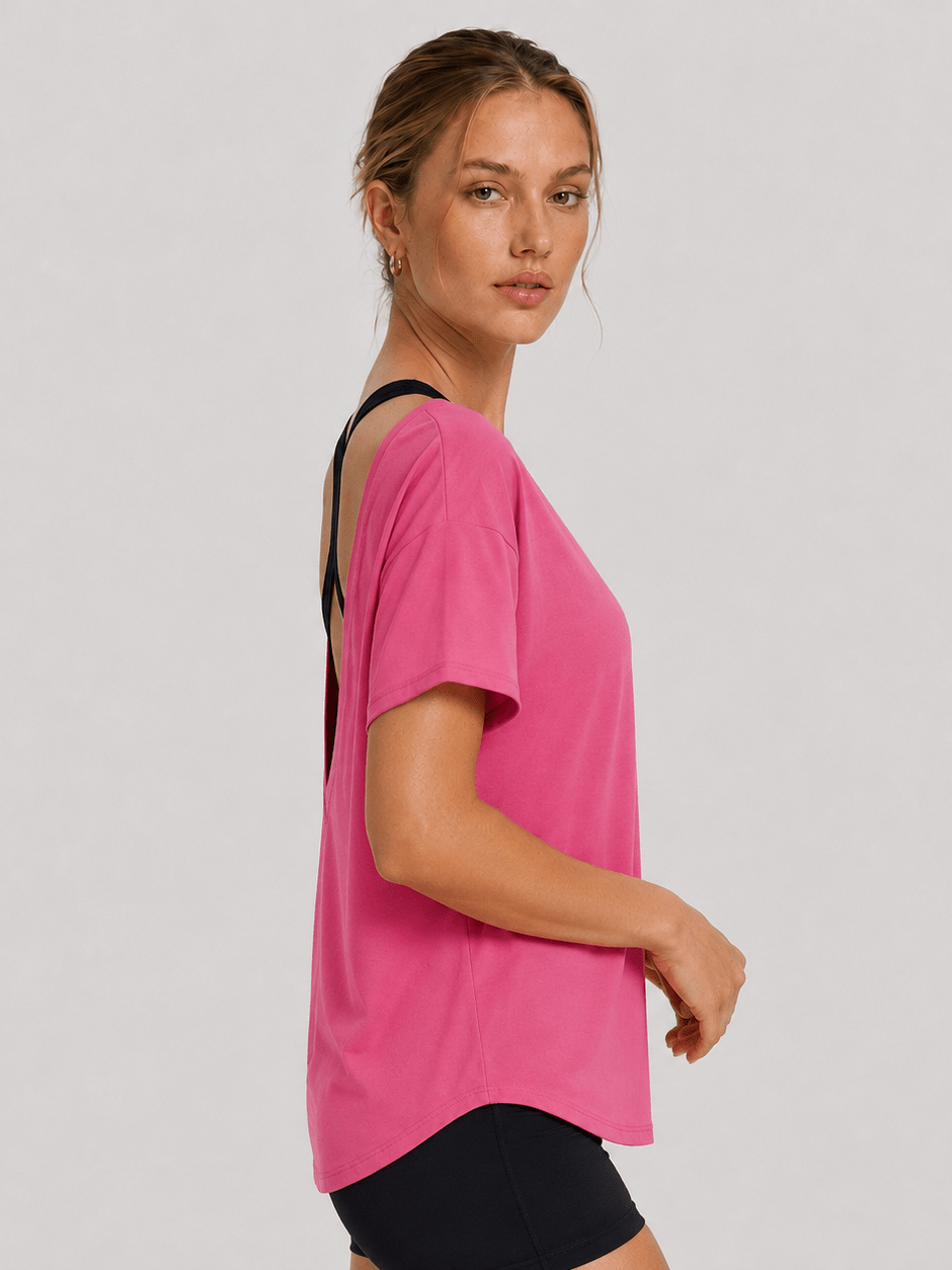 YUCOLEN Women's Reversible Workout Tee Open Back Loose Fit Athletic Shirt in Rose Red