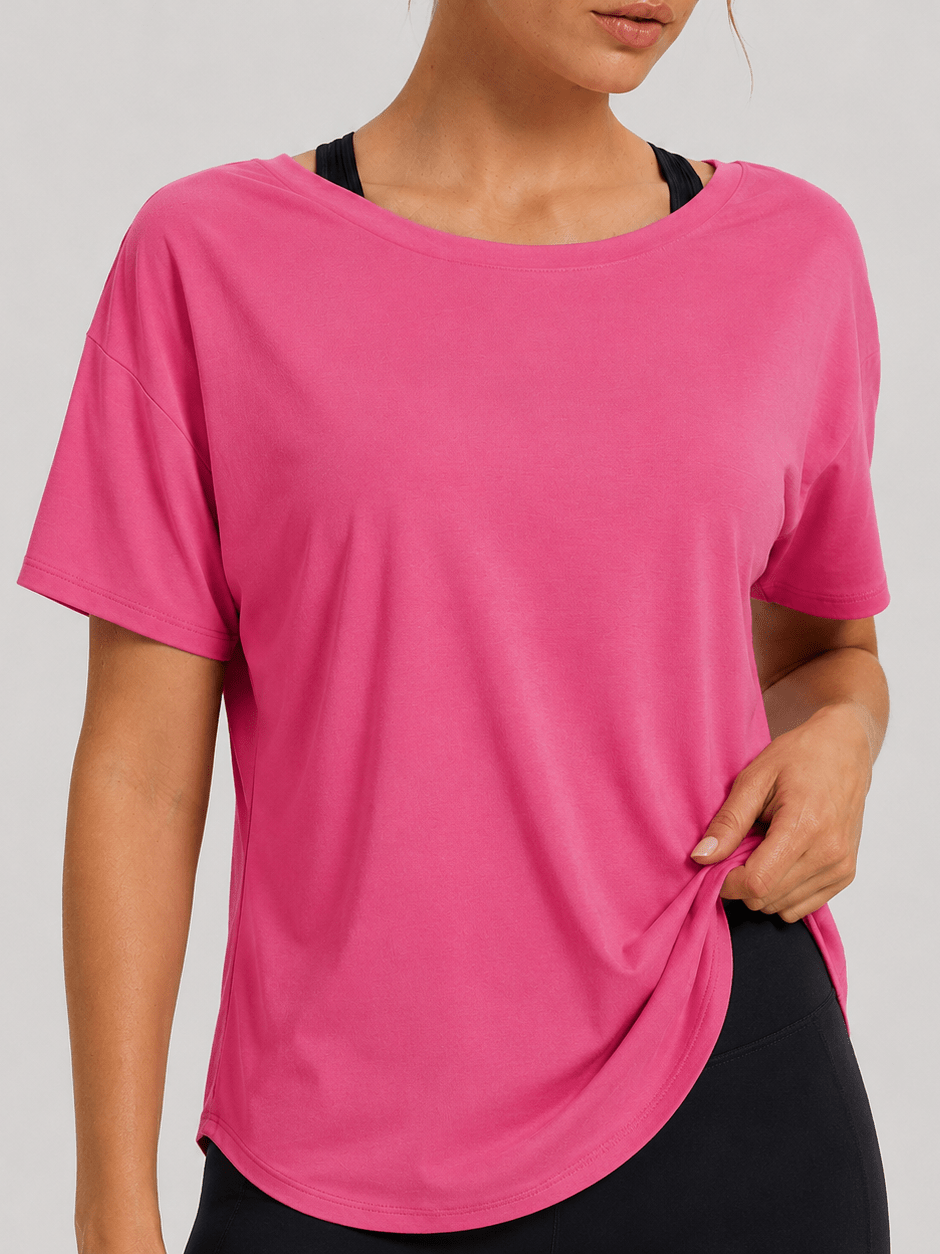 YUCOLEN Women's Reversible Workout Tee Open Back Loose Fit Athletic Shirt in Rose Red