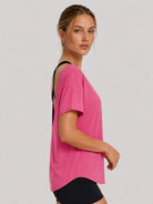 YUCOLEN Women's Reversible Workout Tee Open Back Loose Fit Athletic Shirt in Rose Red