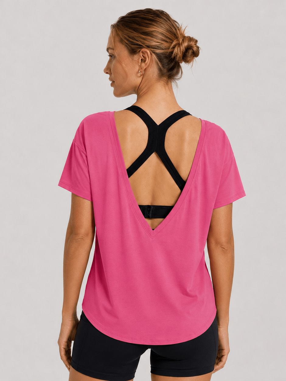 YUCOLEN Women's Reversible Workout Tee Open Back Loose Fit Athletic Shirt in Rose Red