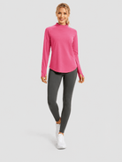 YUCOLEN Women's Thermal Fleece Lined Mock Neck Shirt with Thumb Holes in Rose Red