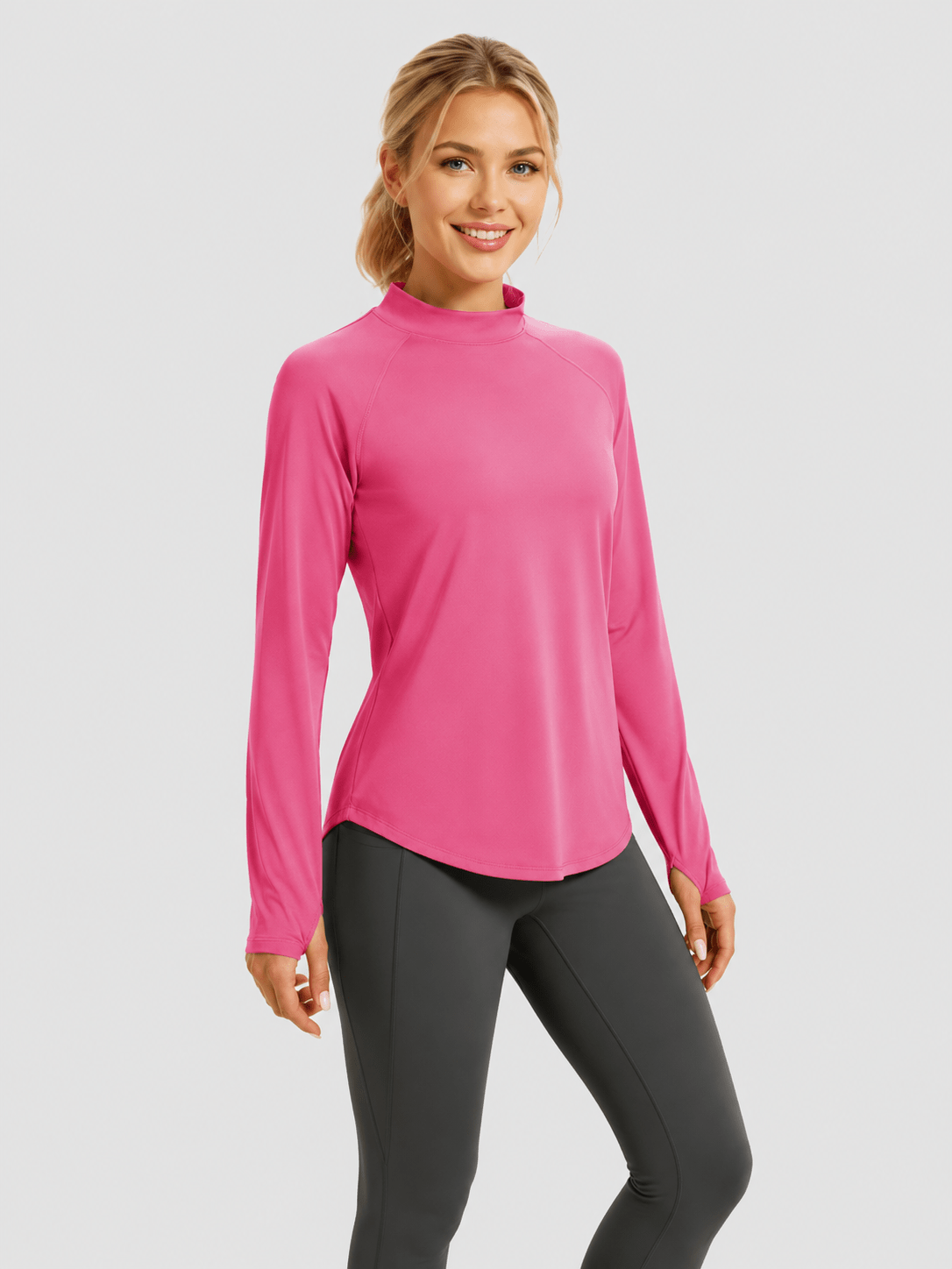 YUCOLEN Women's Thermal Fleece Lined Mock Neck Shirt with Thumb Holes in Rose Red
