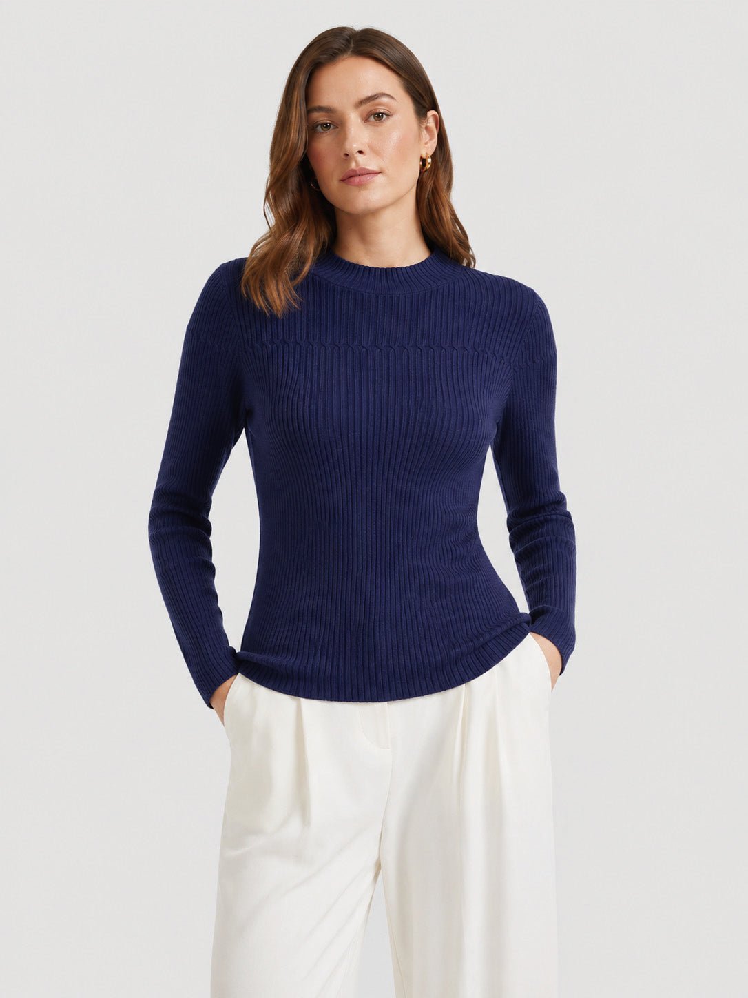 YUCOLEN Women's Mock Neck Ribbed Slim Fit Sweater Soft Wool Blend Pullover in Royal Blue
