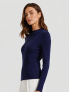 YUCOLEN Women's Mock Neck Ribbed Slim Fit Sweater Soft Wool Blend Pullover in Royal Blue