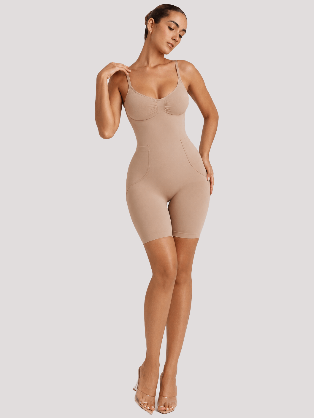 YUCOLEN Women's Seamless Tummy Control Bodysuit with Back Pull-Down Design in Skin
