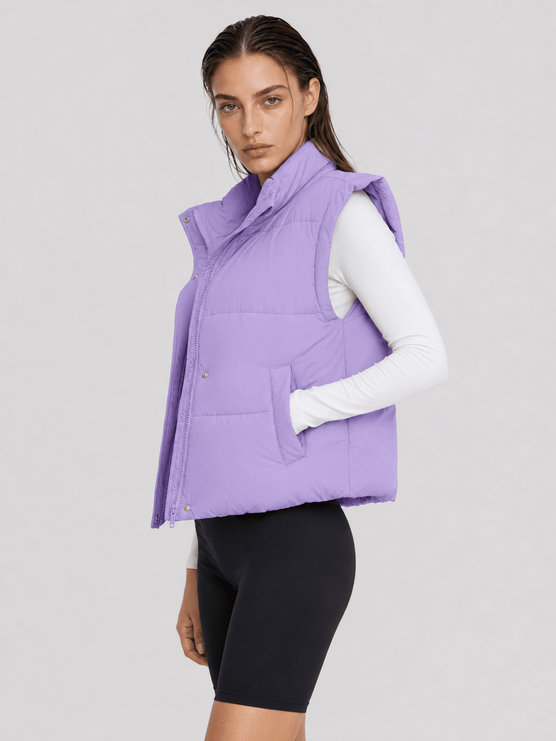 YUCOLEN Women's Cropped Puffer Vest Lightweight Windproof Insulated Gilet with Pockets in Taro Purple