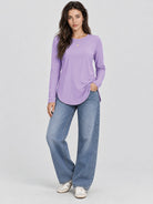 YUCOLEN Women's Long Sleeve Crewneck Tunic Top with Curved Hem in Taro Purple