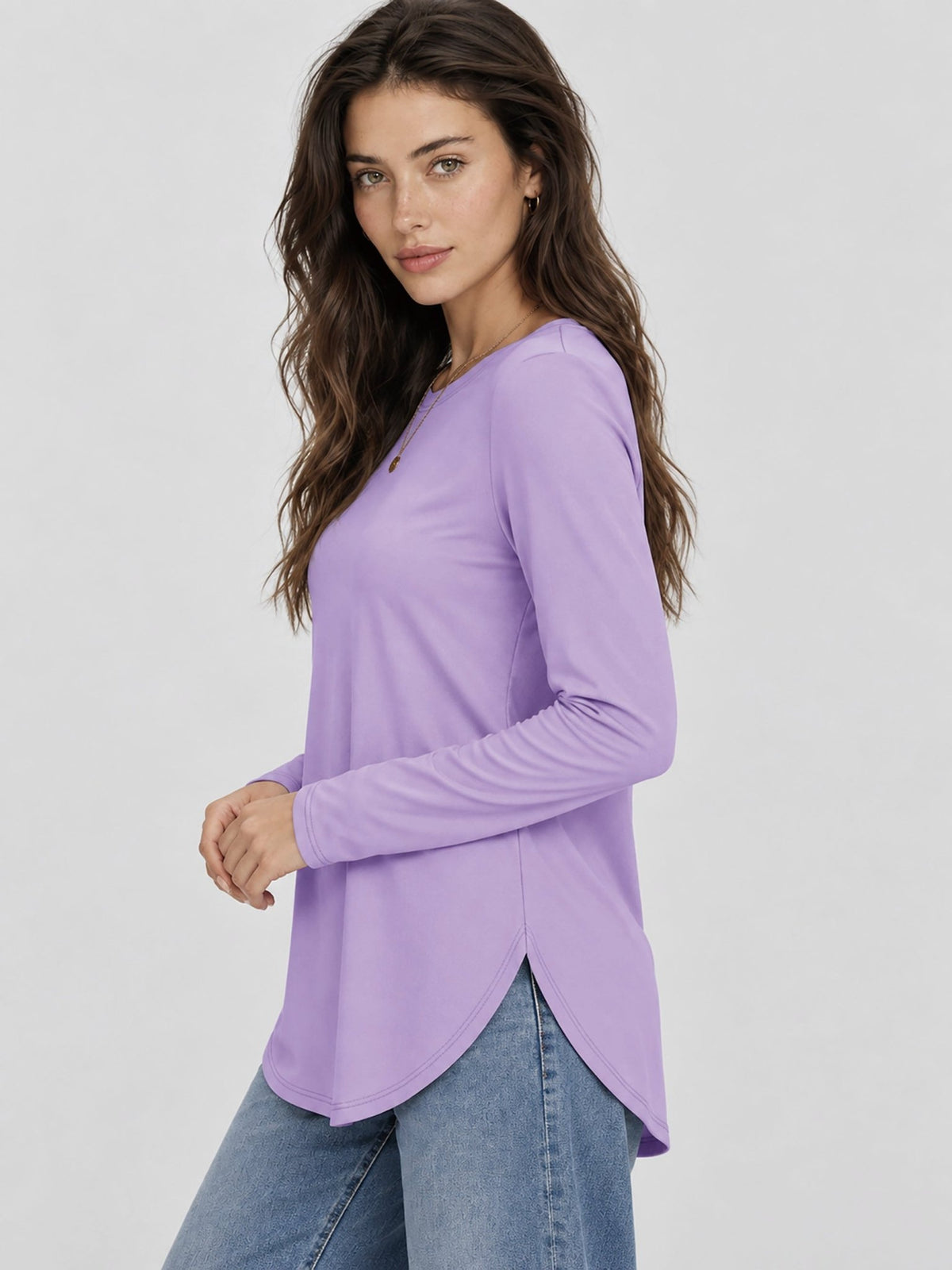 YUCOLEN Women's Long Sleeve Crewneck Tunic Top with Curved Hem in Taro Purple