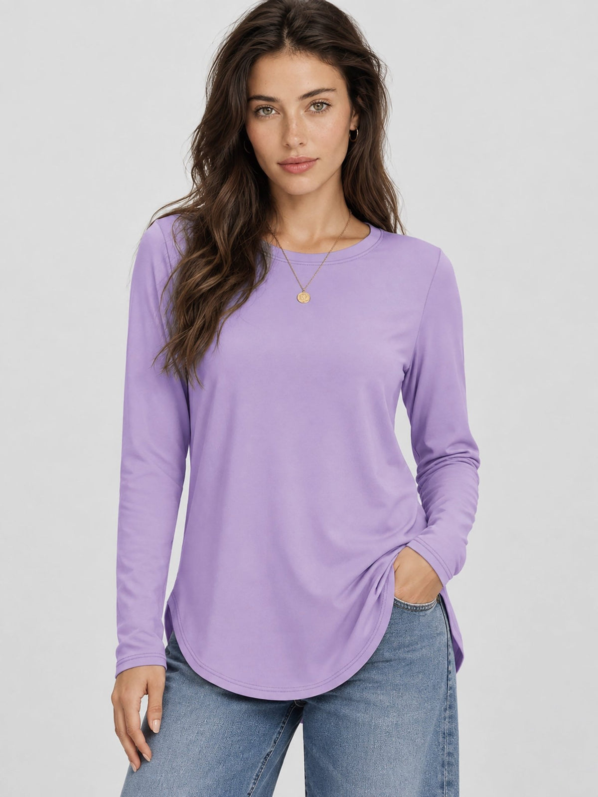 YUCOLEN Women's Long Sleeve Crewneck Tunic Top with Curved Hem in Taro Purple
