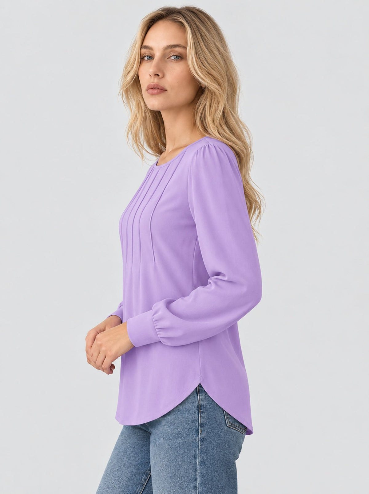 YUCOLEN Womens Pleated Puff Sleeve Crew Neck Long Sleeve Tunic Top in Taro Purple