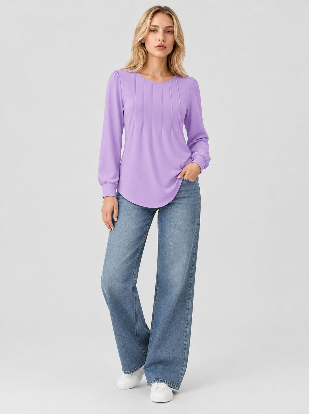 YUCOLEN Womens Pleated Puff Sleeve Crew Neck Long Sleeve Tunic Top in Taro Purple