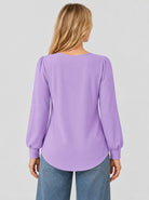 YUCOLEN Womens Pleated Puff Sleeve Crew Neck Long Sleeve Tunic Top in Taro Purple