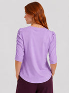 YUCOLEN Women's Puff Half Sleeve Tri-blend Top Casual Blouse in Taro Purple
