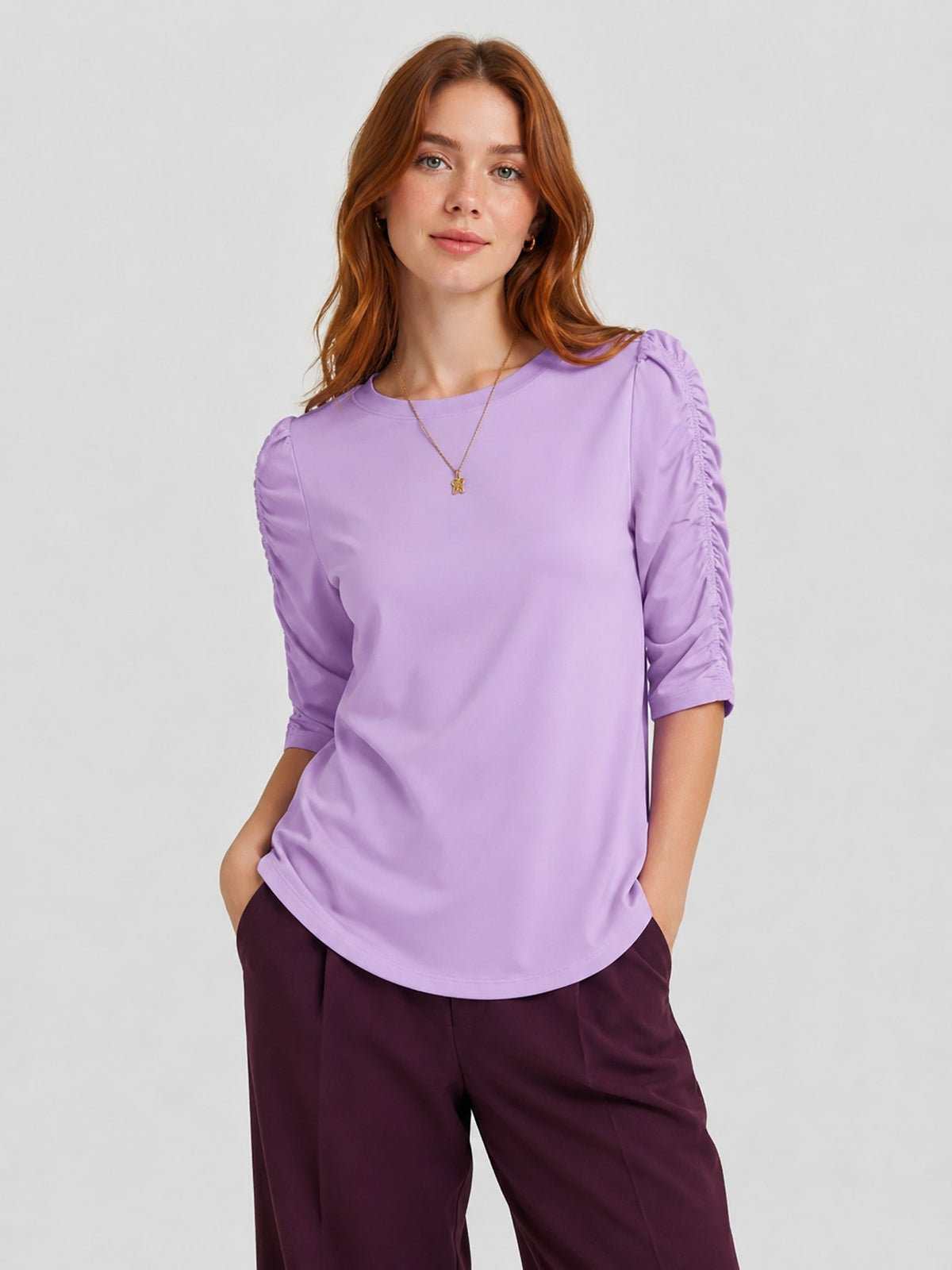YUCOLEN Women's Puff Half Sleeve Tri-blend Top Casual Blouse in Taro Purple