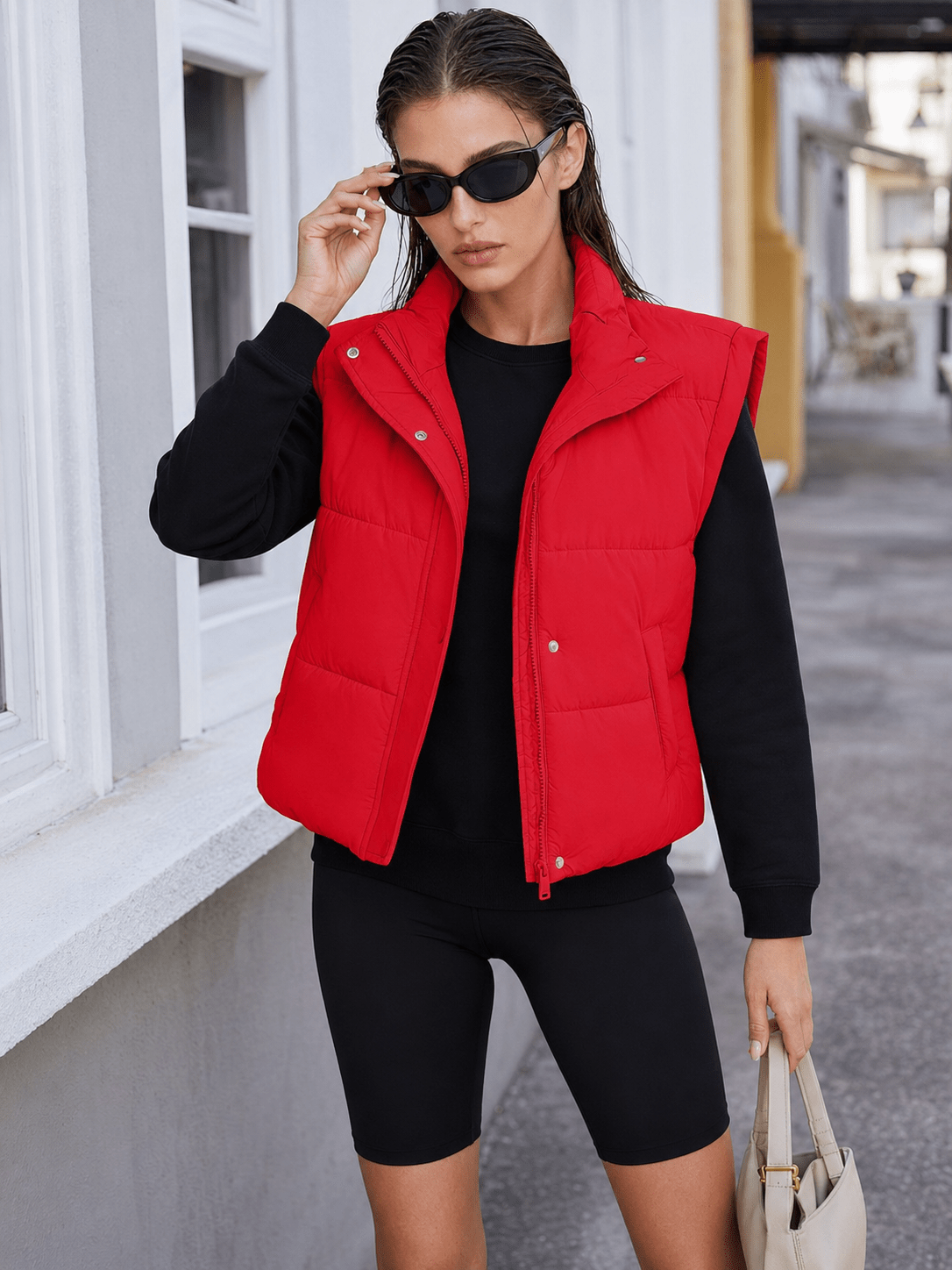 YUCOLEN Women's Cropped Puffer Vest Lightweight Windproof Insulated Gilet with Pockets in Tomato Red