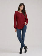 YUCOLEN Women's Lantern Sleeve Pleated Blouse Soft Cotton Rayon Dressy Casual Top in Vintage Red