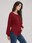 YUCOLEN Women's Lantern Sleeve Pleated Blouse Soft Cotton Rayon Dressy Casual Top in Vintage Red