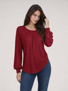 YUCOLEN Women's Lantern Sleeve Pleated Blouse Soft Cotton Rayon Dressy Casual Top in Vintage Red