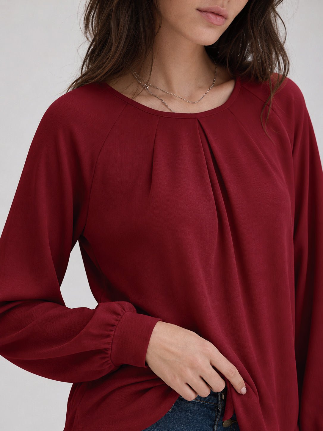 YUCOLEN Women's Lantern Sleeve Pleated Blouse Soft Cotton Rayon Dressy Casual Top in Vintage Red