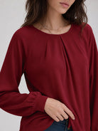 YUCOLEN Women's Lantern Sleeve Pleated Blouse Soft Cotton Rayon Dressy Casual Top in Vintage Red