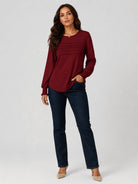 YUCOLEN Women's Lantern Sleeve Pleated Blouse Soft Cotton Rayon Dressy Top in Vintage Red