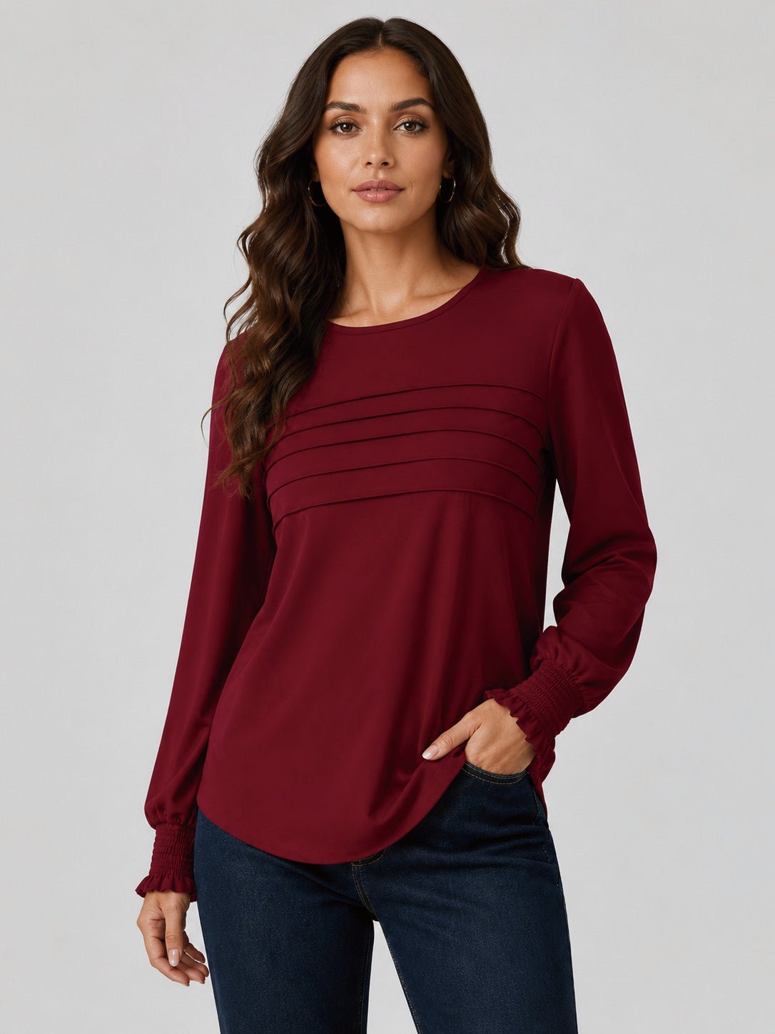 YUCOLEN Women's Lantern Sleeve Pleated Blouse Soft Cotton Rayon Dressy Top in Vintage Red