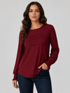 YUCOLEN Women's Lantern Sleeve Pleated Blouse Soft Cotton Rayon Dressy Top in Vintage Red
