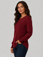 YUCOLEN Women's Lantern Sleeve Pleated Blouse Soft Cotton Rayon Dressy Top in Vintage Red