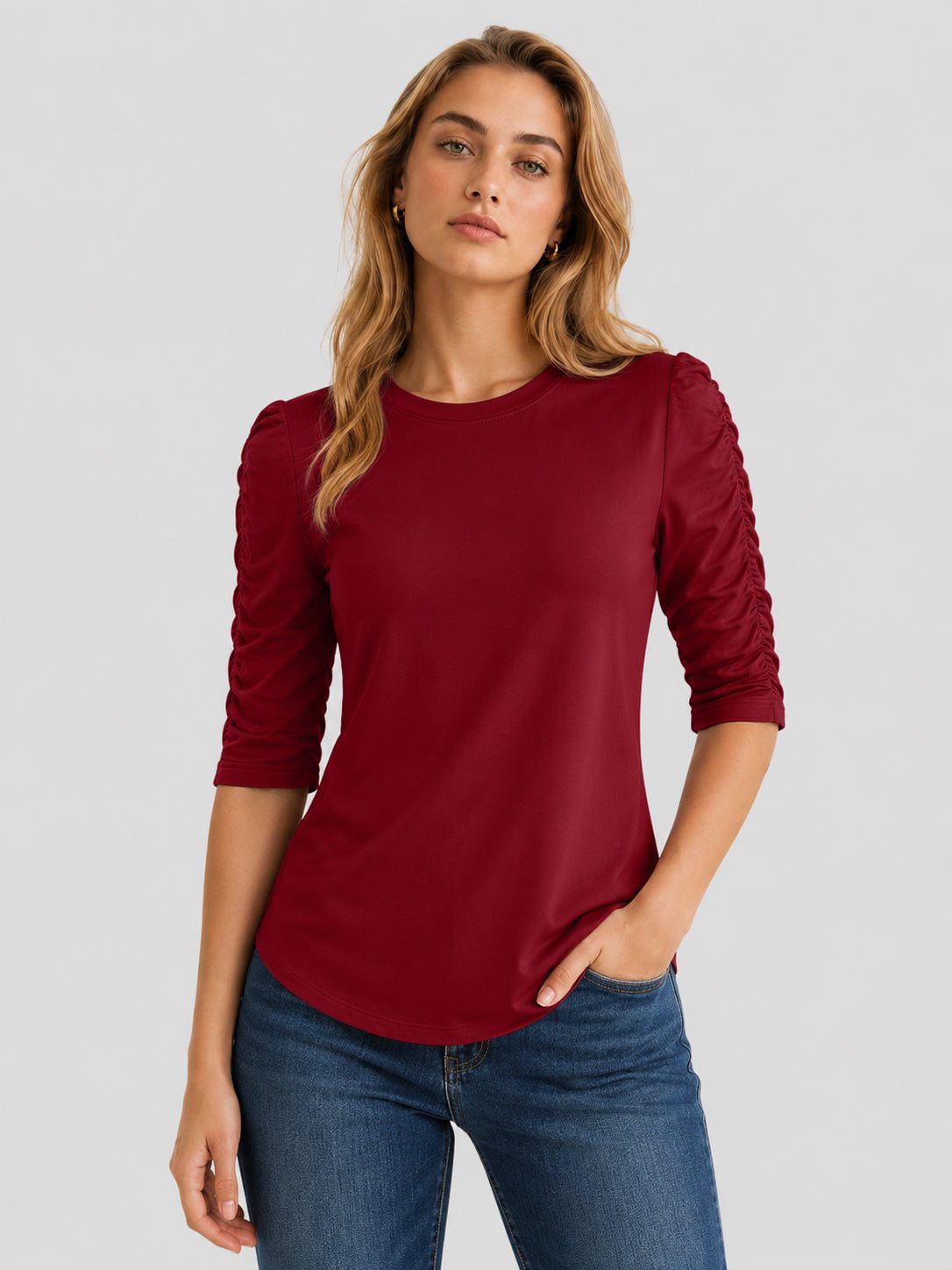 YUCOLEN Women's Puff Half Sleeve Tri-blend Top Casual Blouse in Vintage Red