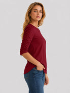 YUCOLEN Women's Puff Half Sleeve Tri-blend Top Casual Blouse in Vintage Red