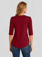 YUCOLEN Women's Puff Half Sleeve Tri-blend Top Casual Blouse in Vintage Red