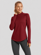 YUCOLEN Women's Thermal Fleece Lined Mock Neck Shirt with Thumb Holes in vintage red