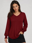 YUCOLEN Women's V Neck Pleated Tunic Blouse Ruffle Cuff Long Sleeve Shirt in Vintage Red