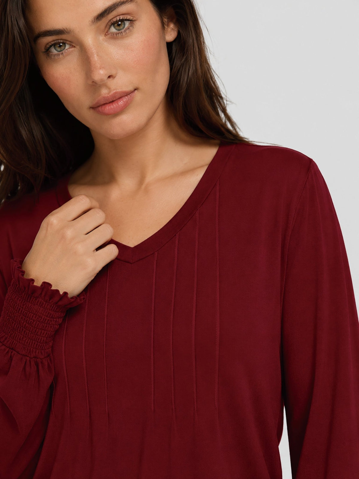 YUCOLEN Women's V Neck Pleated Tunic Blouse Ruffle Cuff Long Sleeve Shirt in Vintage Red