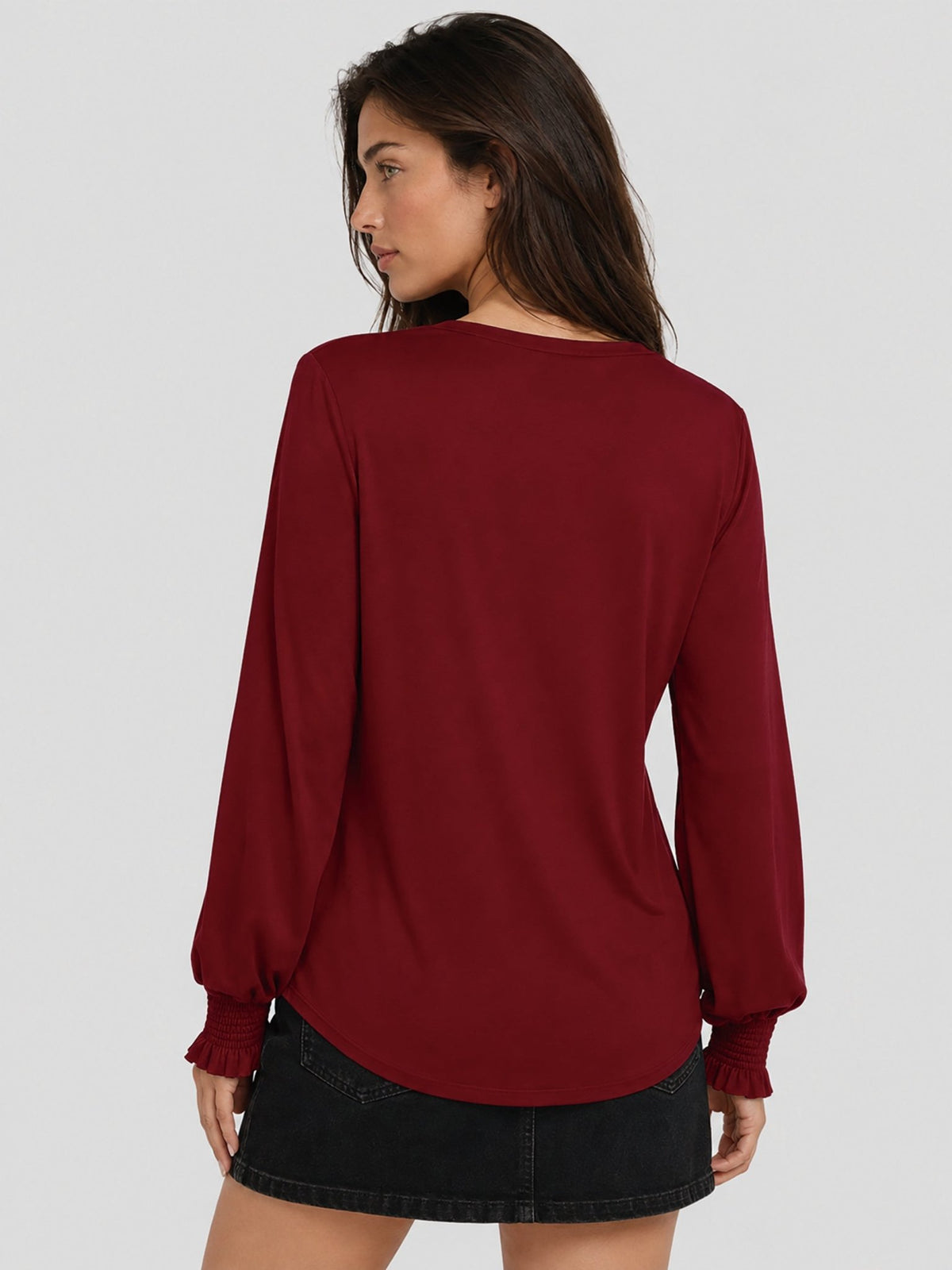 YUCOLEN Women's V Neck Pleated Tunic Blouse Ruffle Cuff Long Sleeve Shirt in Vintage Red