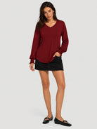 YUCOLEN Women's V Neck Pleated Tunic Blouse Ruffle Cuff Long Sleeve Shirt in Vintage Red